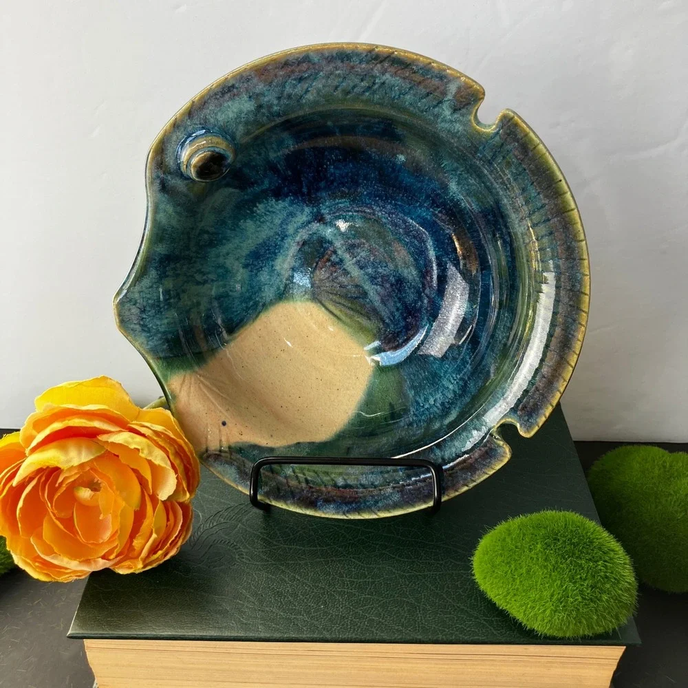 James Lawson Pottery Fish Bowl 1994 Vintage Blue Teal Drip Glaze Handcrafted Art